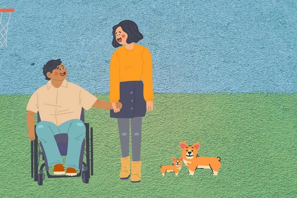 friends, couple, friendship, people with disability, wheelchair, handicap, dogs, friendship day